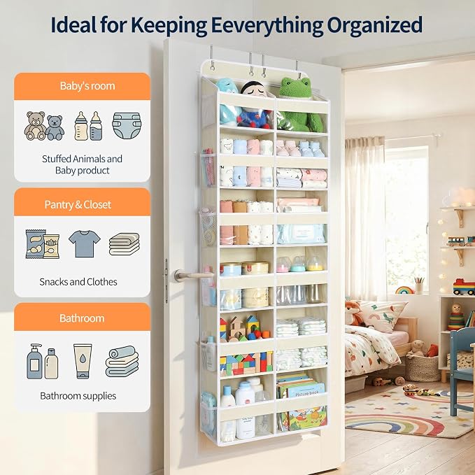 Yecaye 6 Tier Over The Door Organizer, Door Organizer with 12 Compartments | 20" W, Extra Large Behind Door Storage With 12 Side Pockets, 80lbs Heavy Duty, Clear Window, for Closet Bedroom - Image 8