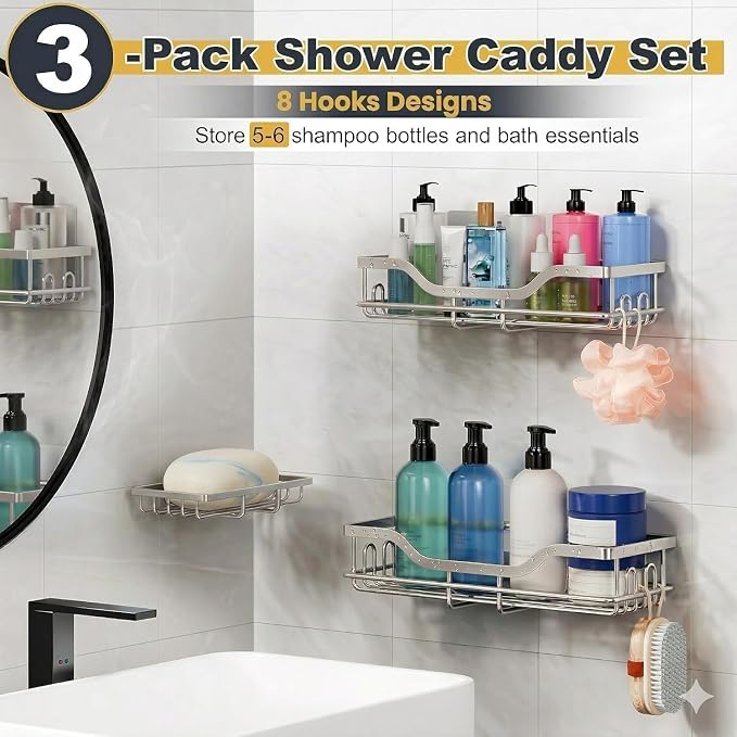 OMAIRA 3-Pack Shower Caddy with Soap Holder, Adhesive Rustproof No-drill Strudy Loading Inside Shower Organizer Shelves Rack Storage Bathroom Organization for Smooth Wall Glass Tile, Black (XX-Large) - Image 6