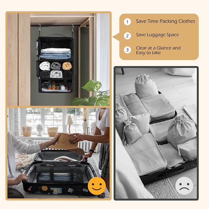Surblue Hanging Shelves Travel Storage Bag Compression Packing Cube for Suitcase Portable Closet Organizer Collapsible with Extension Layer Large Capacity,Black,XXL - Image 4