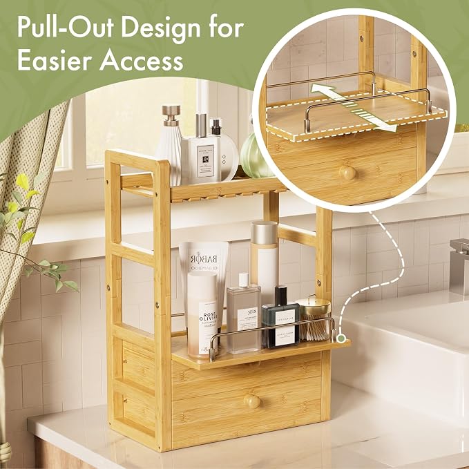 AmazerBath Bamboo Bathroom Counter Organizer, 2-Tier Makeup Organizer with 2 Drawers, Vanity Organizer Storage Coffee Matcha Station, Compact Shelf for Bathroom Kitchen Office Countertop - Image 4