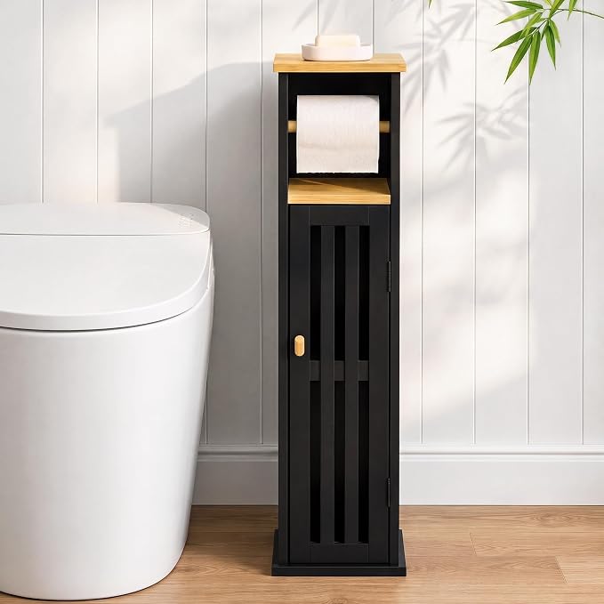 Narrow Bathroom Storage Cabinet with Toilet Paper Holder, Black by OONNEE