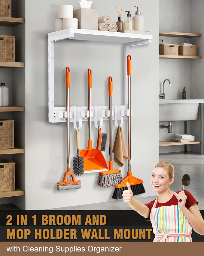 Supforce Small Broom Holder Wall Mount with Shelf, 4 Slots 3 Hooks - Image 3