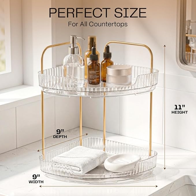 2-Tier Acrylic Corner Bathroom Organizer, 9" x 9" x 11" Large Round Countertop Shelf with Handle, Clear Acrylic Skincare & Makeup Storage Tray, Waterproof Vanity Organizer for Kitchen & Dresser - Image 3
