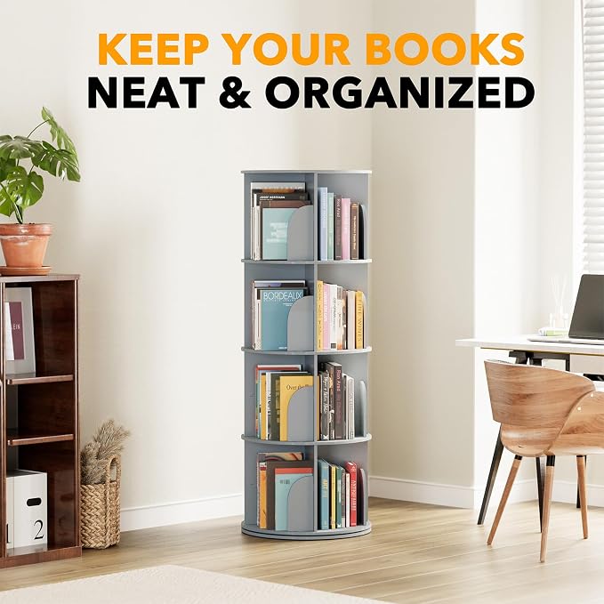 SpaceAid 4 Tier Rotating Bookshelf Tower, Spinning Bookcase Lazy Susan, Revolving 360 Book Shelf Storage Round Carousel, Vertical Rotate Turning Spiral Corner Organizer, Gray - Image 6