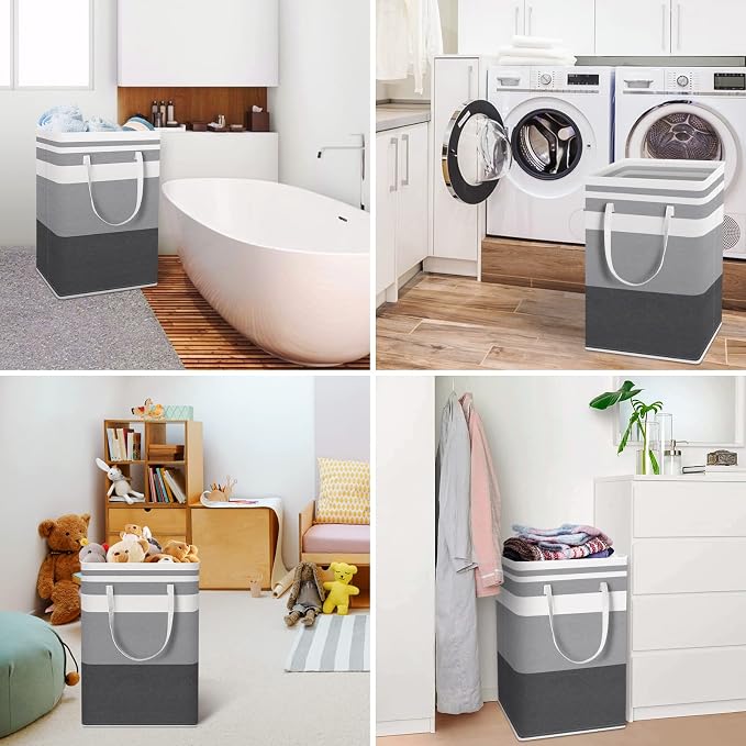 HomeHacks 2 Pack Laundry Baskets, Laundry Hampers Bags (Grey+Blue 75L) | Waterproof, Freestanding, Collapsible Clothes Hamper with Reinforced Handles in Laundry Room, Dorm, Bathroom, Bedroom - Image 6