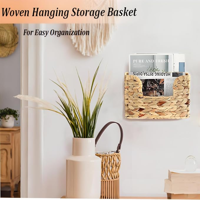 Hanging Magazine Basket, Woven Wall Magazine Holder Organizer with Handle for Mail, Files, Books - Water Hyacinth Farmhouse Storage Rack for Bathroom, Kitchen, Office - Image 5