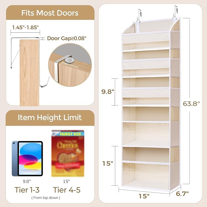 5 Tiers Over the Door Organizer with 10 Mesh Side Pockets, 44 lbs Weight Capacity Closet Hanging Storage Organizer with Large Clear Window Kids Toys, Shoes, Diapers, Beige，2 Pack - Image 8