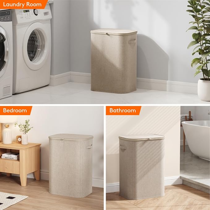 Lifewit 85L Large Laundry Basket with Lid, Laundry Hamper with Plastic Handles and Removable Bag, Foldable Tall Dirty Clothes Hampers for Laundry for Laundry Room, Bedroom, Bathroom, Dorm, Beige - Image 8