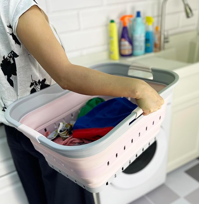 SAMMART 42 (11 Gallons) Collapsible Plastic Laundry Basket, Foldable Pop Up Storage Container/Organizer, Space Saving Hamper, Portable Bin for Dorm Room Bathroom (2, Grey/Pink) - Image 3