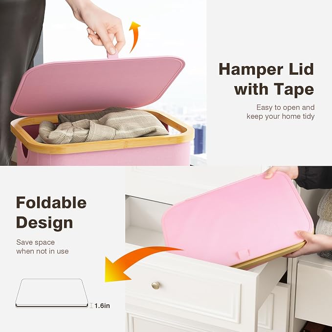 Bathola Laundry Hamper with Lid, Laundry Basket with Removable Bag, Pink - Image 4