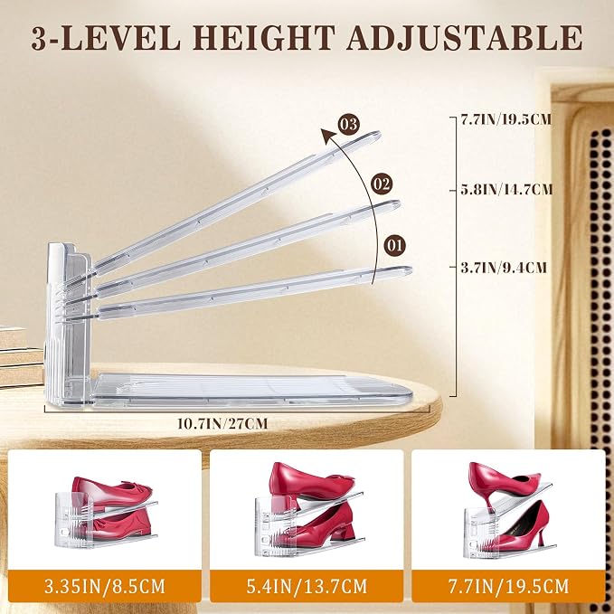 Shoe Slots Organizer, 24 Pack Transparent Shoe Stackers for A Pair of Shoes, 3 Levels Adjustable Doulbe Deck Shoe Holder 50% Space Saver for Closet Organization - Image 5