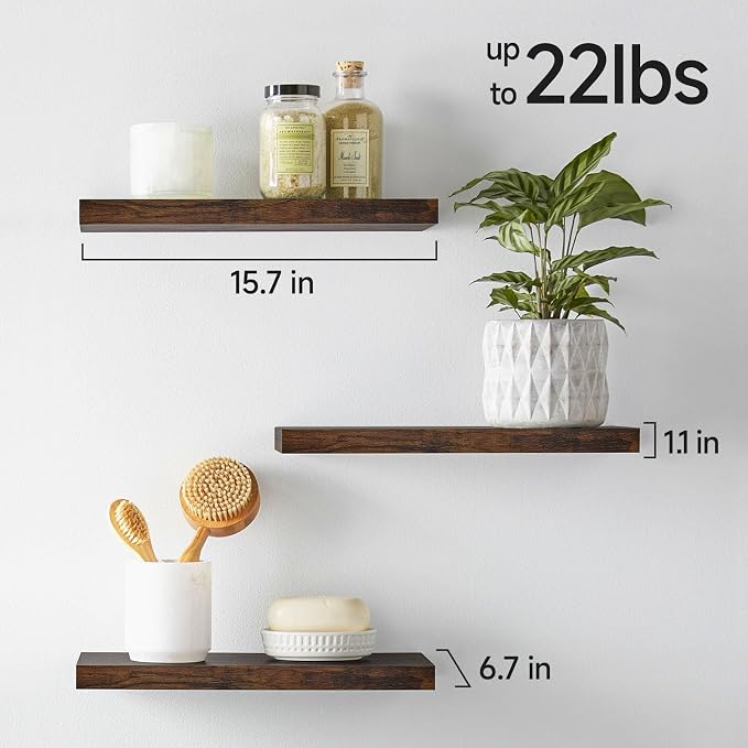 BAYKA Rustic Brown Bathroom Floating Shelves, 15.7in, 3Pk, Wall Mount Shelf - Image 3