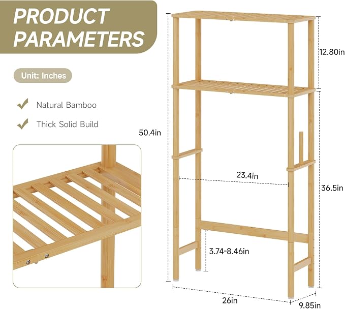 Over The Toilet Storage,2-Tier Bamboo Bathroom Shelf with Paper Holder - Image 3