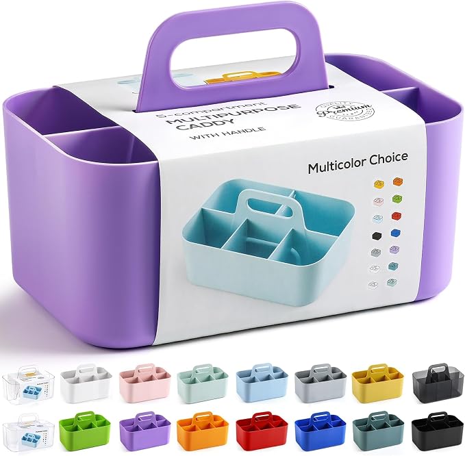 Multiuse Caddy Organizer with Handle, Portable Divided Plastic Tote Bin - Art Craft, Stationary Pen Marker Crayon, Makeup Hair Supplies Storage - Bathroom, Classroom, Dorm, Office, Desk Holder -Purple by AOZITA