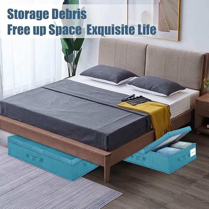Supowin 2Pack Large Underbed Storage Containers Bin with Lids, Cyan Blue | 6 Inches Tall Under Bed Storage Organizer Box with Handles, Foldable Closet Organizer for Clothes, Blankets, Seasonal Items - Image 7