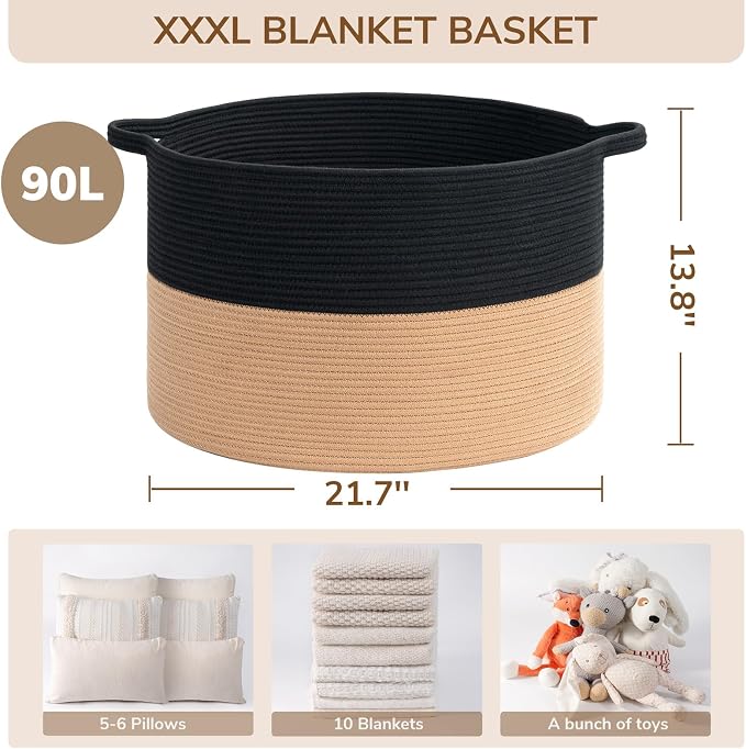 INDRESSME XXXLarge Woven Rope Blanket Basket Living Room Black Camel, 90L - Image 3