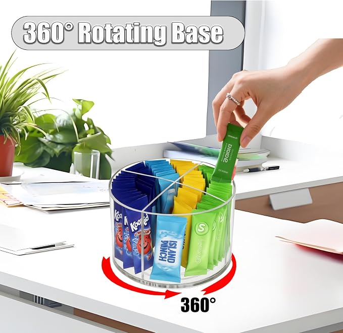 360° Spinning Drink Packet Organizer, Clear BPA-Free Plastic 4-Section Clear Storage for Coffee, Sugar & Drink Mixes | Stackable Kitchen & Pantry Container - Image 2