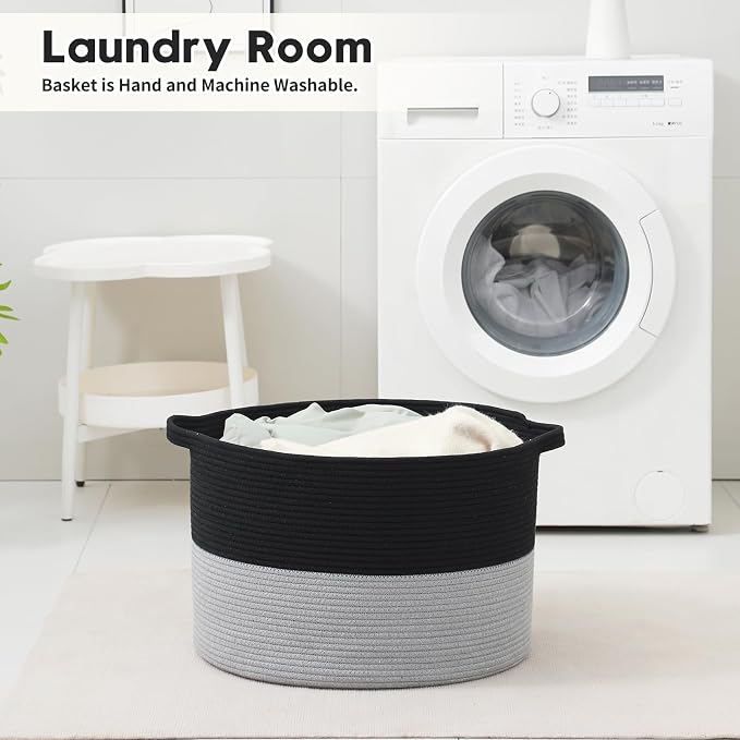 Foldable Laundry Hamper Basket with Collapsible Handle Cotton Rope Soft Woven Fabric Storage Organizer Clothes Toys Nursery Bedroom Dorm Space Saving Bin (Black & Grey, 80L(21.7"D x 13.8"H)) - Image 7