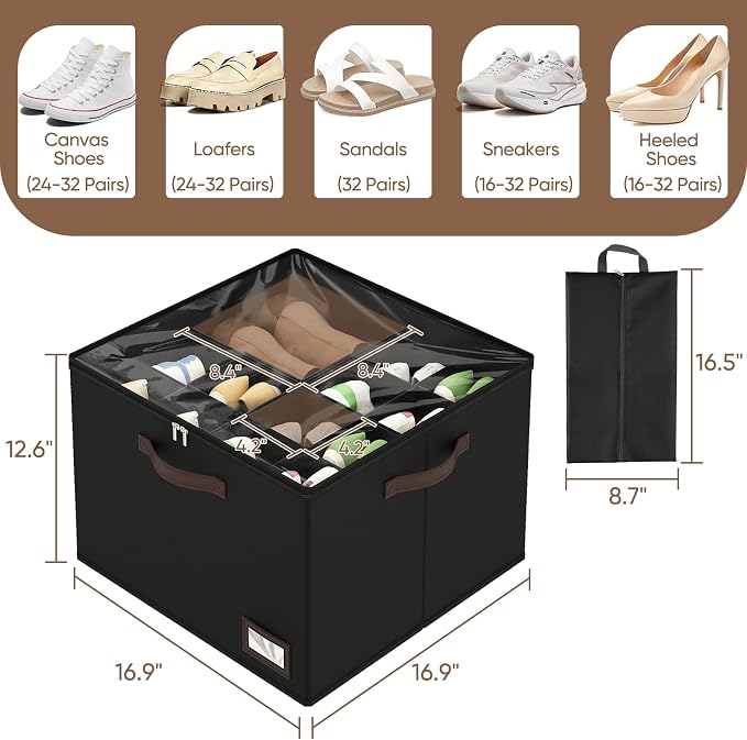 OIAHOMY 2 Pack Shoe Organizer for Closet, Large Foldable Shoe Storage Bins with Dividers and Reinforced Handles, Each Clear Cover Sneaker Box Fits Up to 16 Pairs for Entryway and Bedroom, Black - Image 3