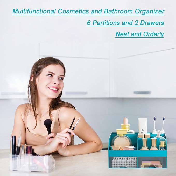 Makeup Organizer with 2 Drawers, Cosmetic Storage for Dresser Vanity and Bathroom Countertop,Make up organization and Skincare Storage with Beauty Brush Holder, Cosmetic Display Case (Dark Green) - Image 4