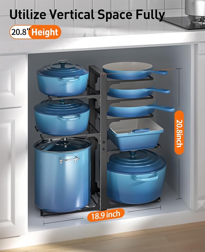 ORDORA Pots and Pans Organizer Under Cabinet 20.8", 8-Tier Adjustable Black - Image 2