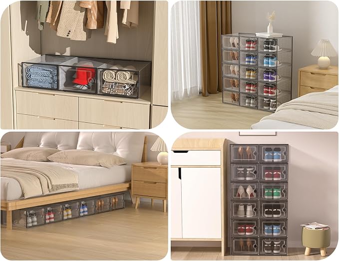 Kuject XXX-Large Shoe Storage Boxes 12 Pack, Clear Stackable Shoe Organizer | Shoe Case for Closet, Entryway & Under-Bed Storage, Drop-Front Design, Space-Saving Solution for Family Organization,Black - Image 8