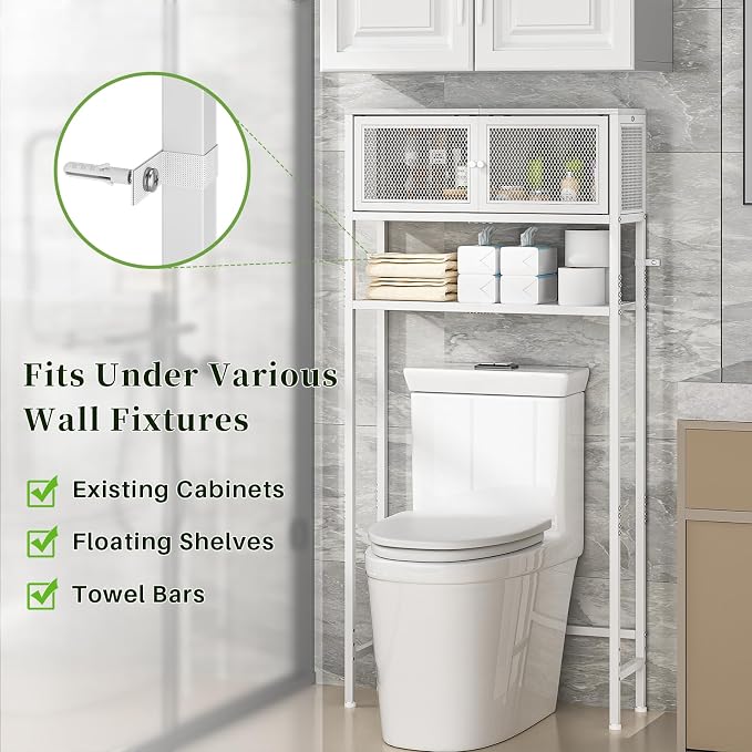 ThreeHio Over the Toilet Storage Cabinet with Doors, Bathroom Organizer Shelf Above Toilet, Bathroom Storage Cabinet Over Toilet, Freestanding Space Saver Metal Shelves for Small Space, White - Image 4
