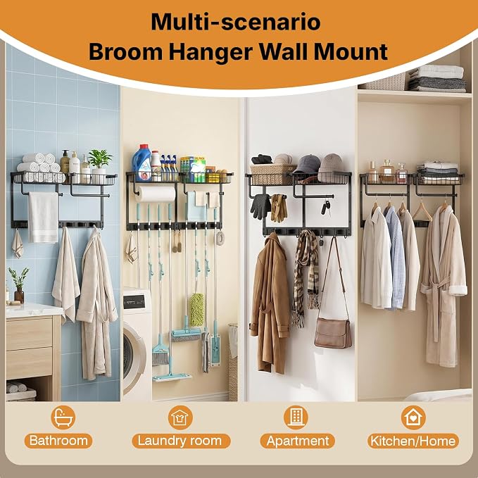 Broom Holder Wall Mount with Paper Towel Holder& Removable Anti-fall Basket - Image 5