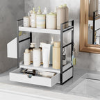2-Tier Bathroom Counter Organizer, Wooden Vanity Shelf with Drawer & Basket - Image 6