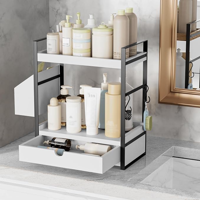 2-Tier Bathroom Counter Organizer, Wooden Vanity Shelf with Drawer & Basket - Image 6