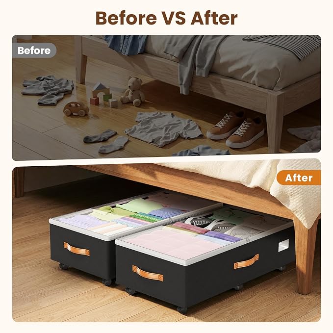 Budding Joy 80L 2 Pack Adjustable Under Bed Storage with Wheels | Underbed containers with clear lids, rolling under bed shoe storage organizer for dorm home clothes, blankets, toys, black - Image 8