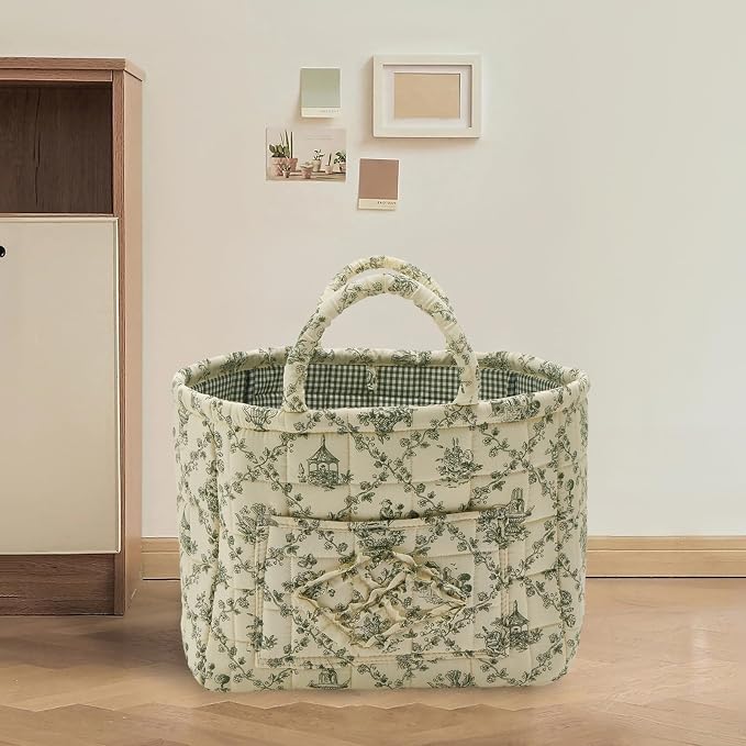 Quilted Fabric Storage Basket with Handles & Pocket, Foldable Laundry Hamper Boho Floral Print Organizer Bin for Home, Picnic, Office 12"x10"x10" (B-2) - Image 3