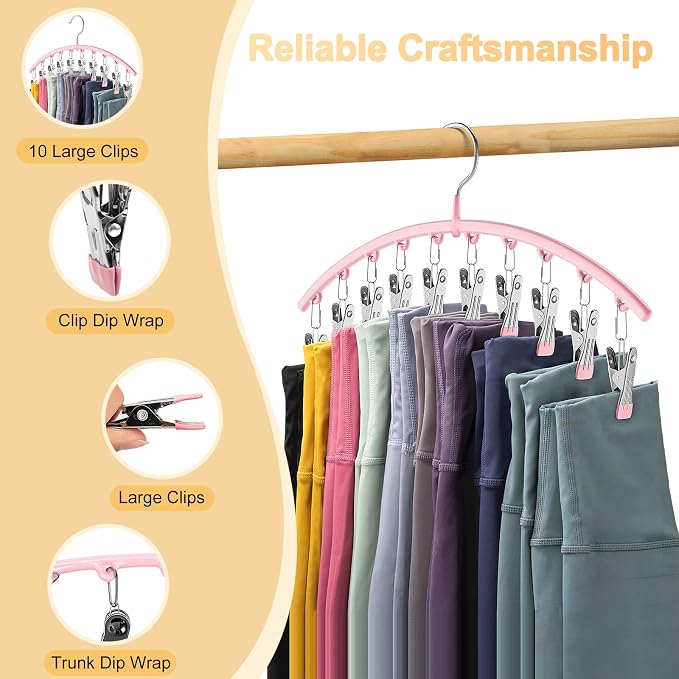 Metal Yoga Pants Hangers 1 Pack w/10 Clips Holds 10 Leggings, Space Saving Hanging Closet Organizer w/Rubber Coated Closet Organizers and Storage, Pink - Image 8