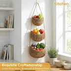 Boho Style Handwoven Rope Hanging Basket - 3-Tier Detachable Storage Organizer for Kitchen/Bathroom/Entryway, 3 Included Heavy-Duty Hooks, 7 Color Options Available (Green) - Image 3
