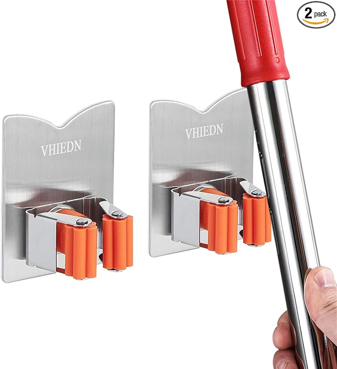Broom Holder Wall Mount, 2 Pack Orange Stainless Steel Mop and Broom Organizer, Heavy Duty 15 Lbs Self Adhesive Tool Hanger, No Drill V-Shape Broom Hooks for Garage, Kitchen, Bathroom by VHIEDN