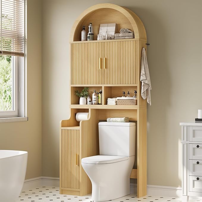 Itaar Arched Over The Toilet Storage Cabinet, 78.7" H Fluted Bathroom Organizer with Reversible Side Cabinet, Adjustable Shelves, Anti-Tipping, Hooks & Paper Holder for Bathroom Laundry Room, Oak by Itaar