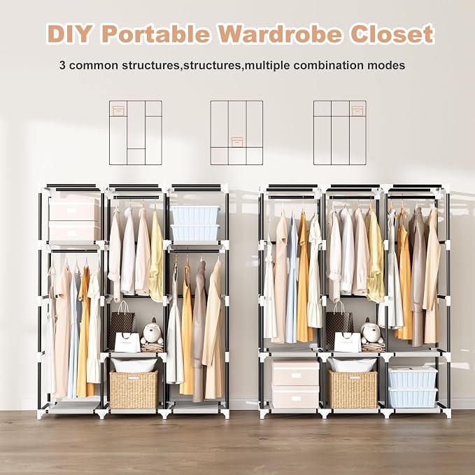 Portable Closet with Cover, 3 Hanging Rods and Side Pocket, Sturdy Free Standing Closet, Grey - Image 6