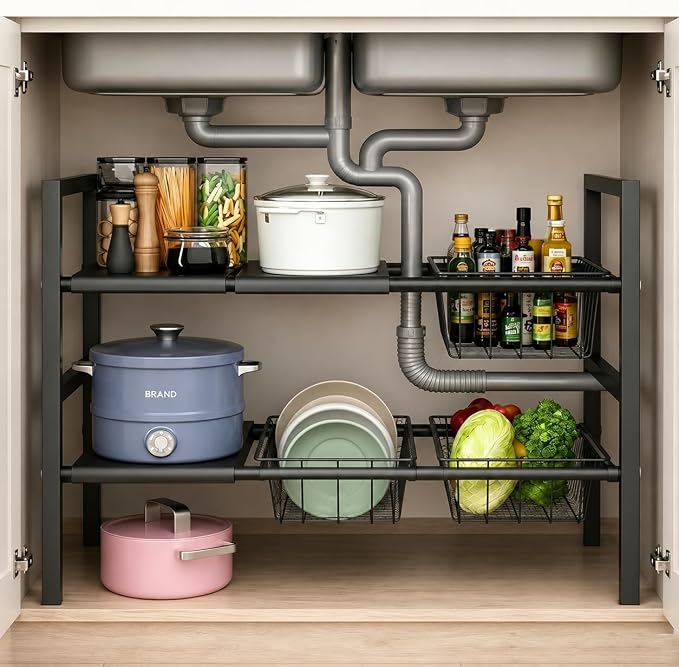 Expandable Under Sink Organizer, 2 Tier Under Sink Shelf, Height Adjustment, Under Sink Shelves with 3 Removable Baskets and 3 Removable Panels for Bathroom Kitchen Pantry Cabit black 21.65in by Unknown
