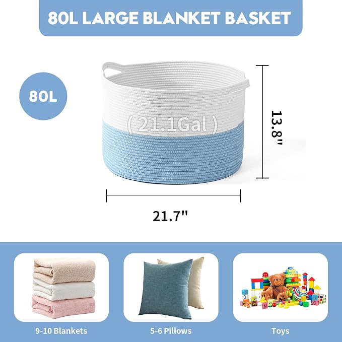 Foldable Laundry Hamper Basket with Collapsible Handle Cotton Rope Soft Woven Fabric Storage Organizer Clothes Toys Nursery Bedroom Dorm Space Saving Bin (White & Blue, 80L(21.7"D x 13.8"H)) - Image 5