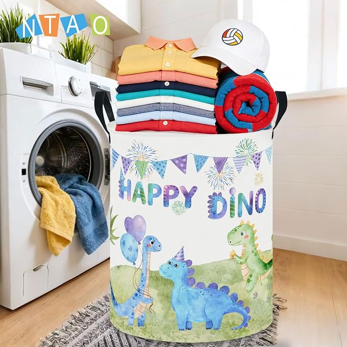 62L Kids Colorful Dinosaur Waterproof Laundry Hamper with Durable Leather Handle,Party Supplies Storage Picnic Large Storage Basket(Happy Dinosaur） - Image 4