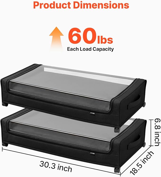 VEVOR Under Bed Storage with Wheels, 30.3 x 18.5 x 6.8 inch, Underbed Containers with Clear Lid, Underbed Shoe Organizer, Rolling Under the Bed Storage Bins for Clothes Shoes Blankets Bedroom, 2 Pack - Image 3
