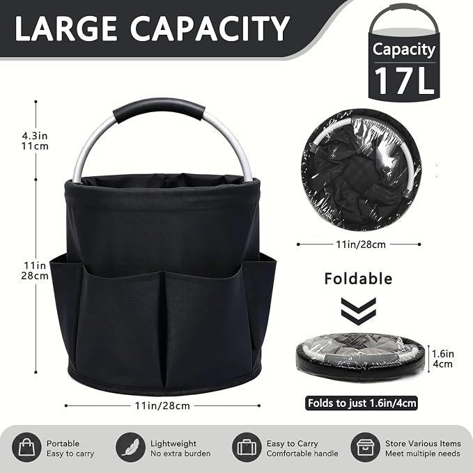 Cleaning Caddy with Handle, 17L Foldable Storage Basket, Heavy Duty 600D Oxford Cloth Organizer, Portable Supply Bag, Multi-Purpose Supplies Caddy for Home, Bathroom, Kitchen, Garden - Black - Image 2