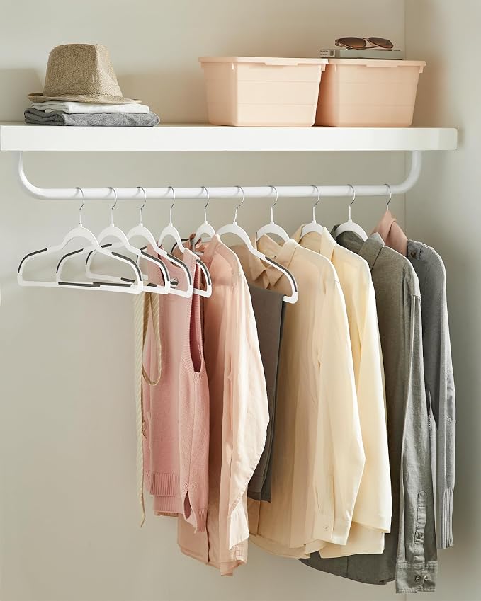 SONGMICS Plastic Clothes Hangers, Pack of 30, Space-Saving | 0.2 Inches Thick, 17.7 Inches Wide, 360° Swivel Hook, White and Dark Gray, BREANNA Collection UCRP050W03 - Image 3