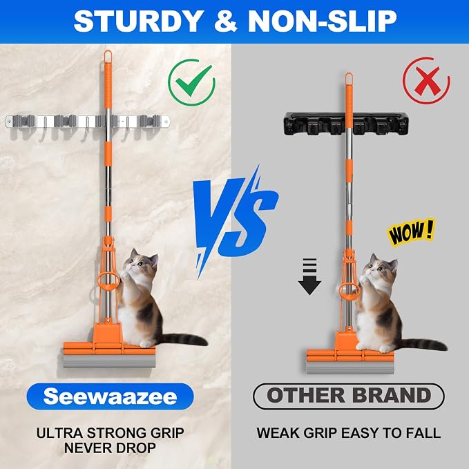 Broom Holder Wall Mount Mop Organizer, 4 Racks 3 Hooks, 2 Pack - Image 5