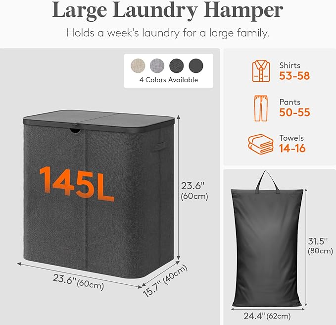 Lifewit 145L Large Laundry Basket with Lid, Laundry Hamper with Plastic Handles and Removable Bag, Foldable Tall Dirty Clothes Hampers for Laundry for Laundry Room, Bedroom, Bathroom, Dorm, Dark Gray - Image 2