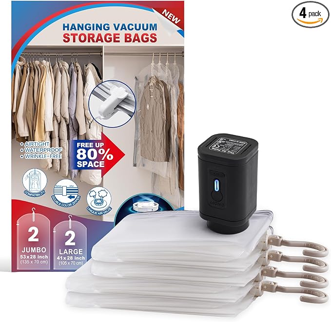 Hanging Vacuum Storage Bags, Space Saver for Clothing, 4 Combo with Pump | Vacuum Seal Bags for Clothing with Electric Pump, Hanging Garment Storage for Jackets, Suit, Dresses, Winter Closet Organizer by VELMADE