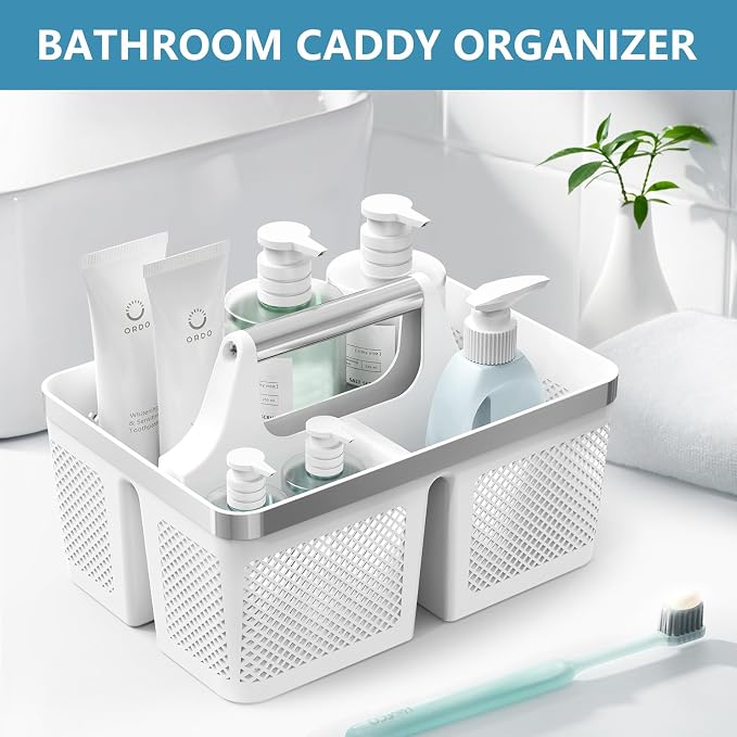 BYUNER 2Pack Shower Caddy Dorm: Portable Bathroom Caddy Organizer with Handle and Holes, Plastic Cleaning Caddy, Hard Shower Basket Storage Tote for Toiletry, College Dorm Room Essentials White/Silver - Image 8