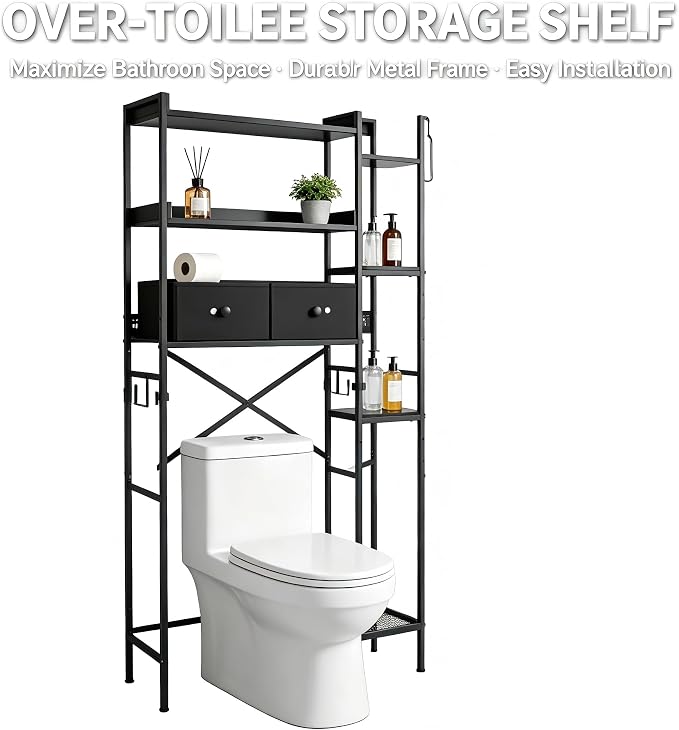 Quikraen 7-Tier Over the Toilet Storage Shelf, Large Bathroom Organizer with 2 Fabric Drawers, 4+3 Adjustable Side Shelves, Sturdy Freestanding Space Saver Rack with Hooks for Bedroom, Laundry, Black - Image 9