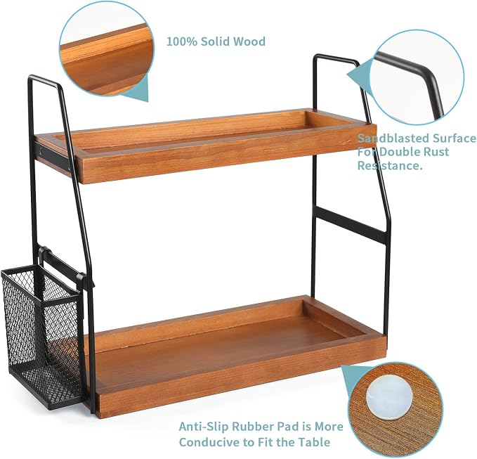 Bathroom Counter Organizer, 2-Tier Standing Storage Shelf with Basket, Wood Tray for Skincare Vanity Organizer(Brownish) - Image 6