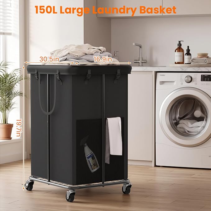 2 Pack Laundry Hamper with Wheels, 150L Rolling Laundry Basket Bag Handles - Image 2